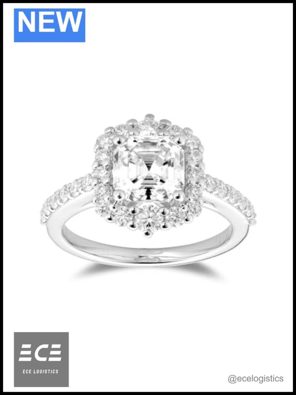 Moissanite Engagement Ring Halo White Gold Plated Sterling Silver